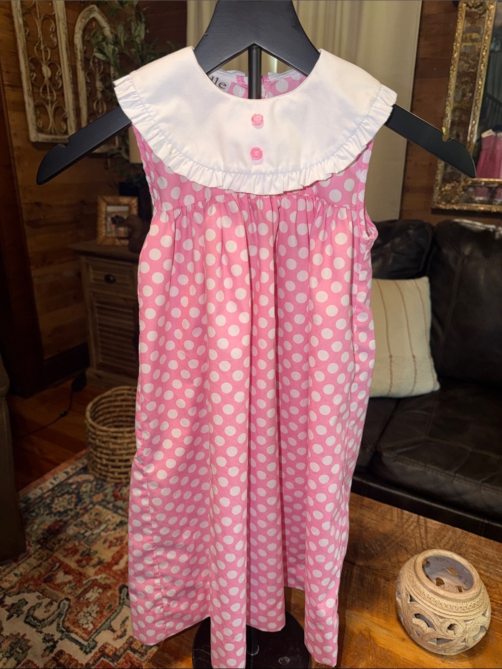 Lolly Wolly Doodle Pink Polka Dot Dress with White Ruffled Collar